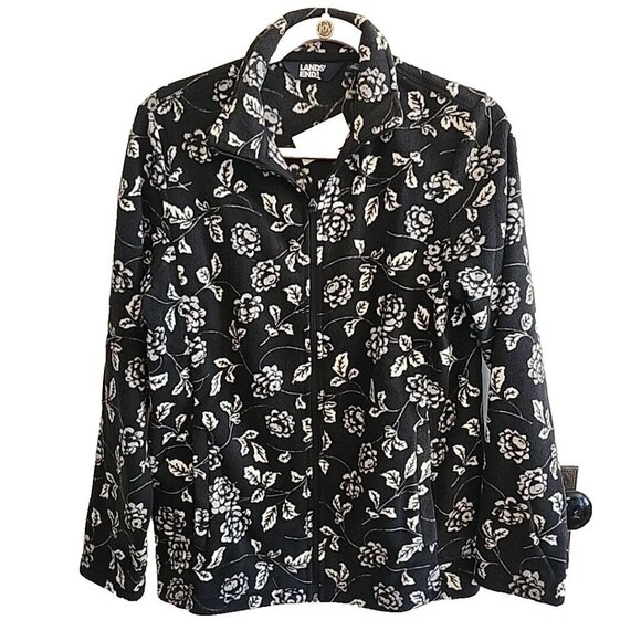 Medium Lands End Womens Jacket Full Zip Front Fleece Black White Pockets NEW - Picture 7 of 12